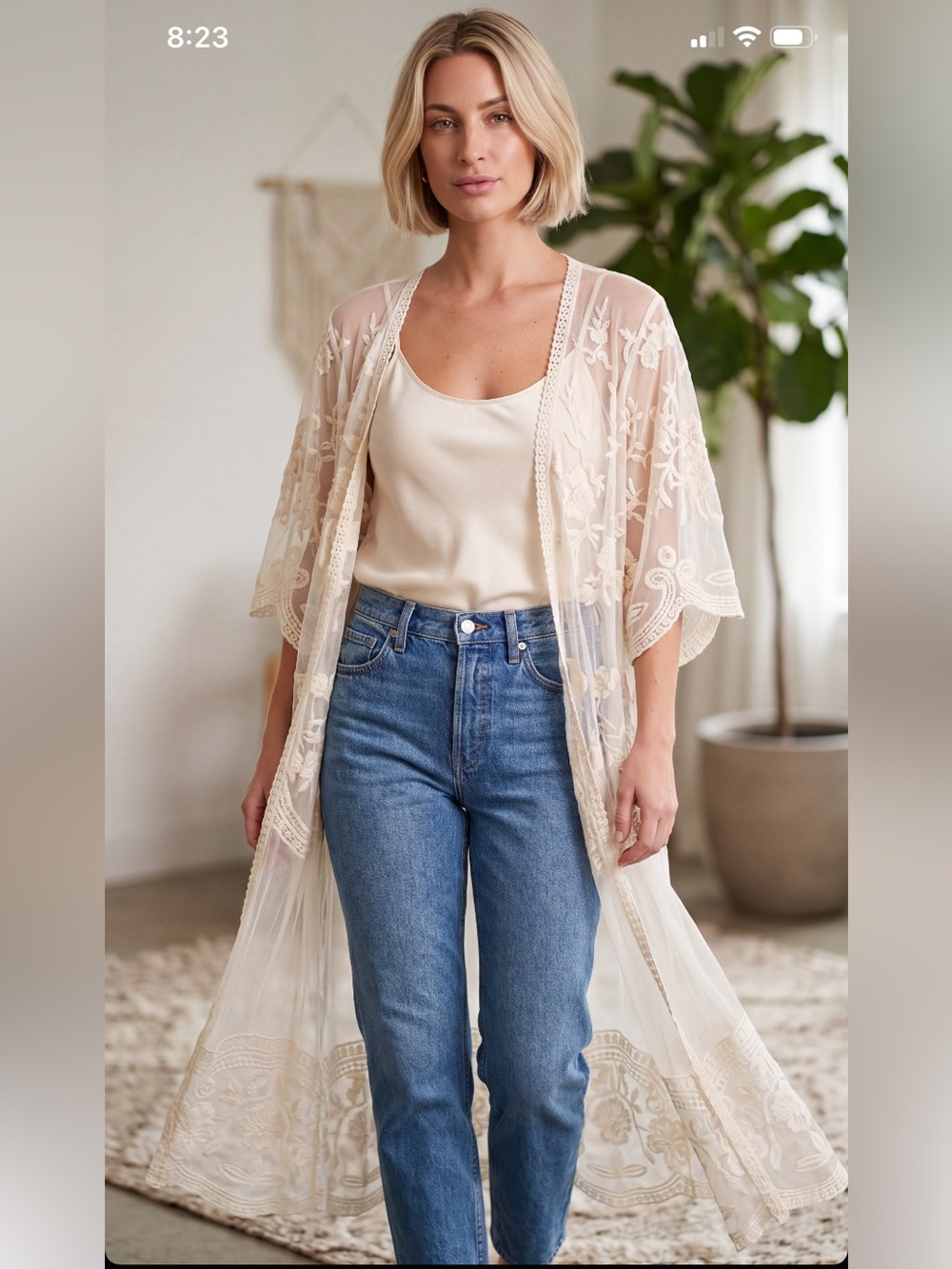 Vintage-Inspired Ivory Floral Lace Sheer Kimono Duster Cardigan Boho Cottagecore